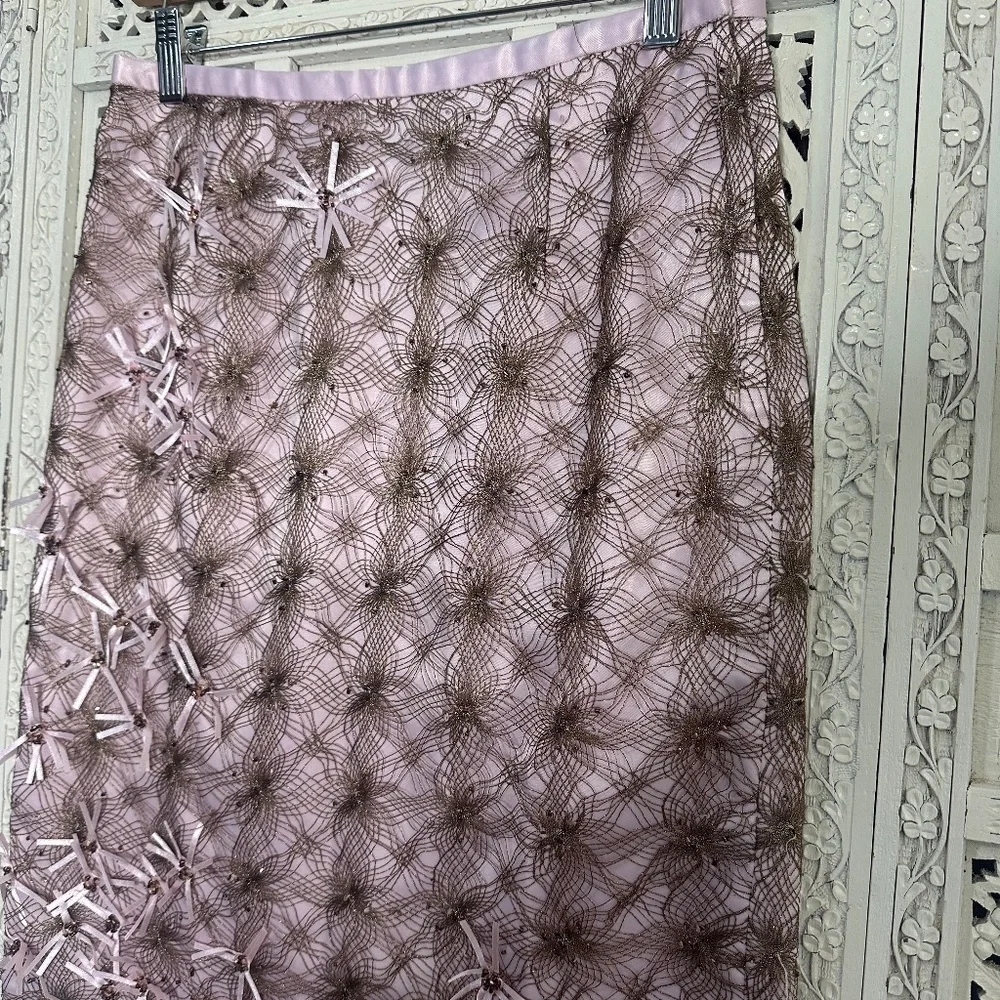 Y2K Pink & Gold Ribbon Beaded‎ Fairy Preppy Coquette Pencil Skirt Sz Small